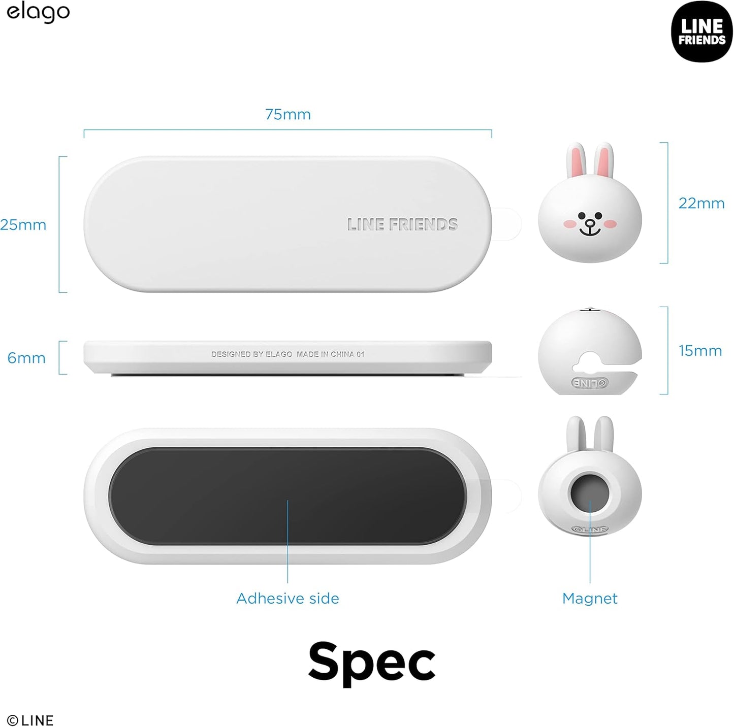 elago | LINE Friends Magnetic Cable Management Buttons, Organize 3 Cables, Powerful Magnets, Reusable Sticker Attaches to Surface, Desk Organization (Brown)