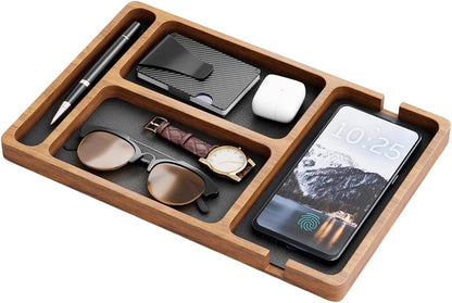 Wooden Valet Tray with Leather Inlay - Key and Wallet Tray, Wooden Jewelry Tray - Nightstand Desk Organizer for EDC Essentials (Keys, Phone, Wallet, Watch, Earbuds) (wood)