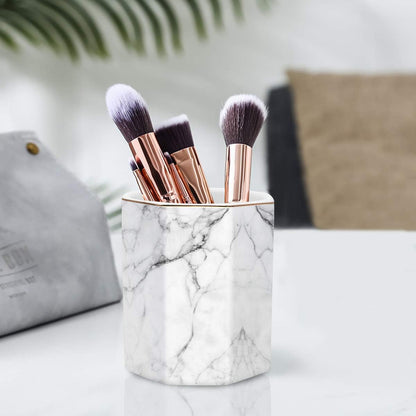 WAVEYU Ceramic Pen Holder for Desk Cute, Pencil Cup Pot Desk Organizer, Makeup Brush Holder for Women, Men, Kids, Desk Marble Decor for Office, Classroom, Home, Gray Golden