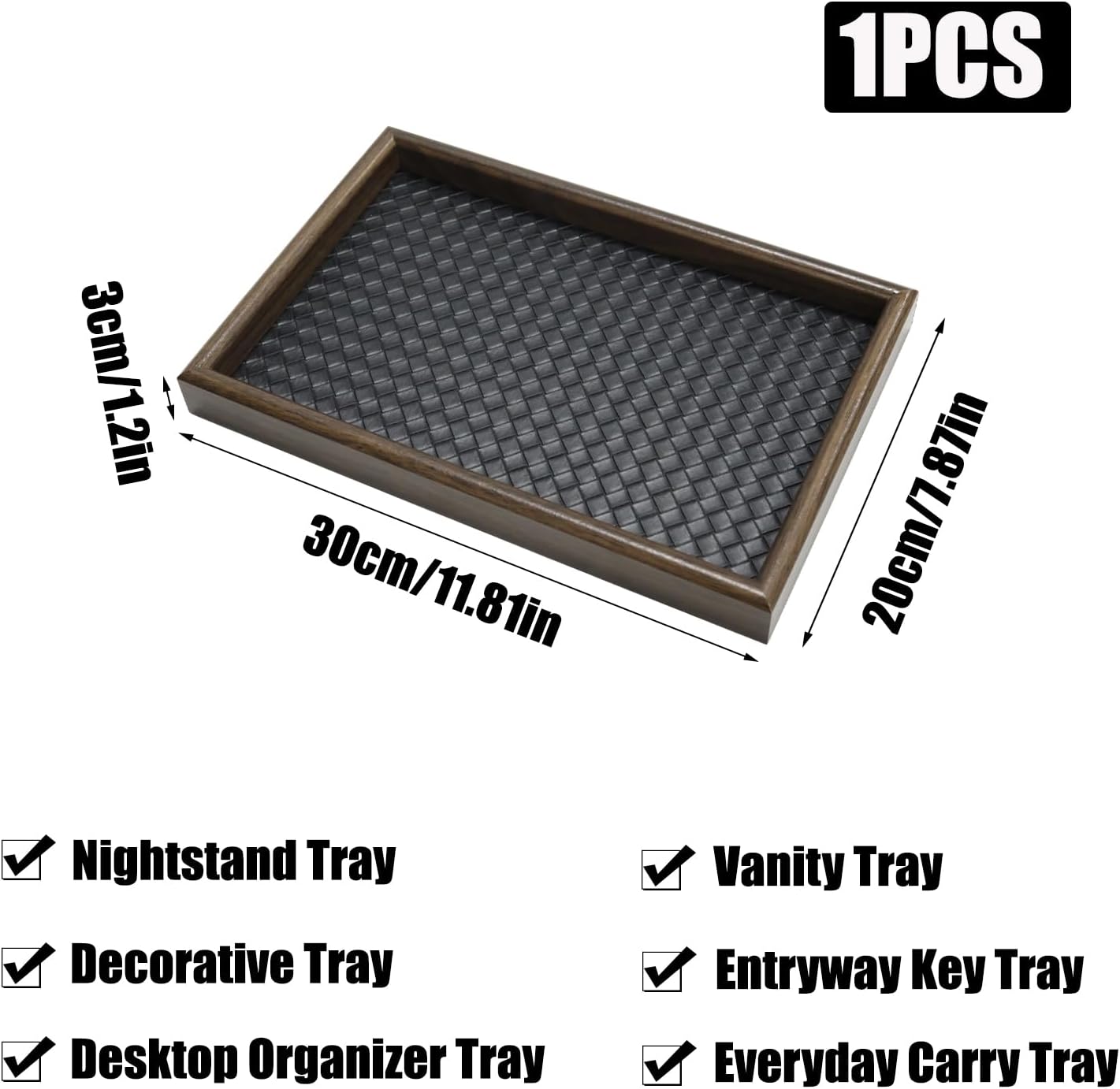 Wooden Valet Tray with Leather Base, EDC Catch All Tray Nightstand Entryway Table Vanity Organizer 11.8x7.9, Black