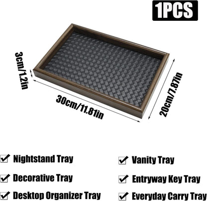 Wooden Valet Tray with Leather Base, EDC Catch All Tray Nightstand Entryway Table Vanity Organizer 11.8x7.9, Black