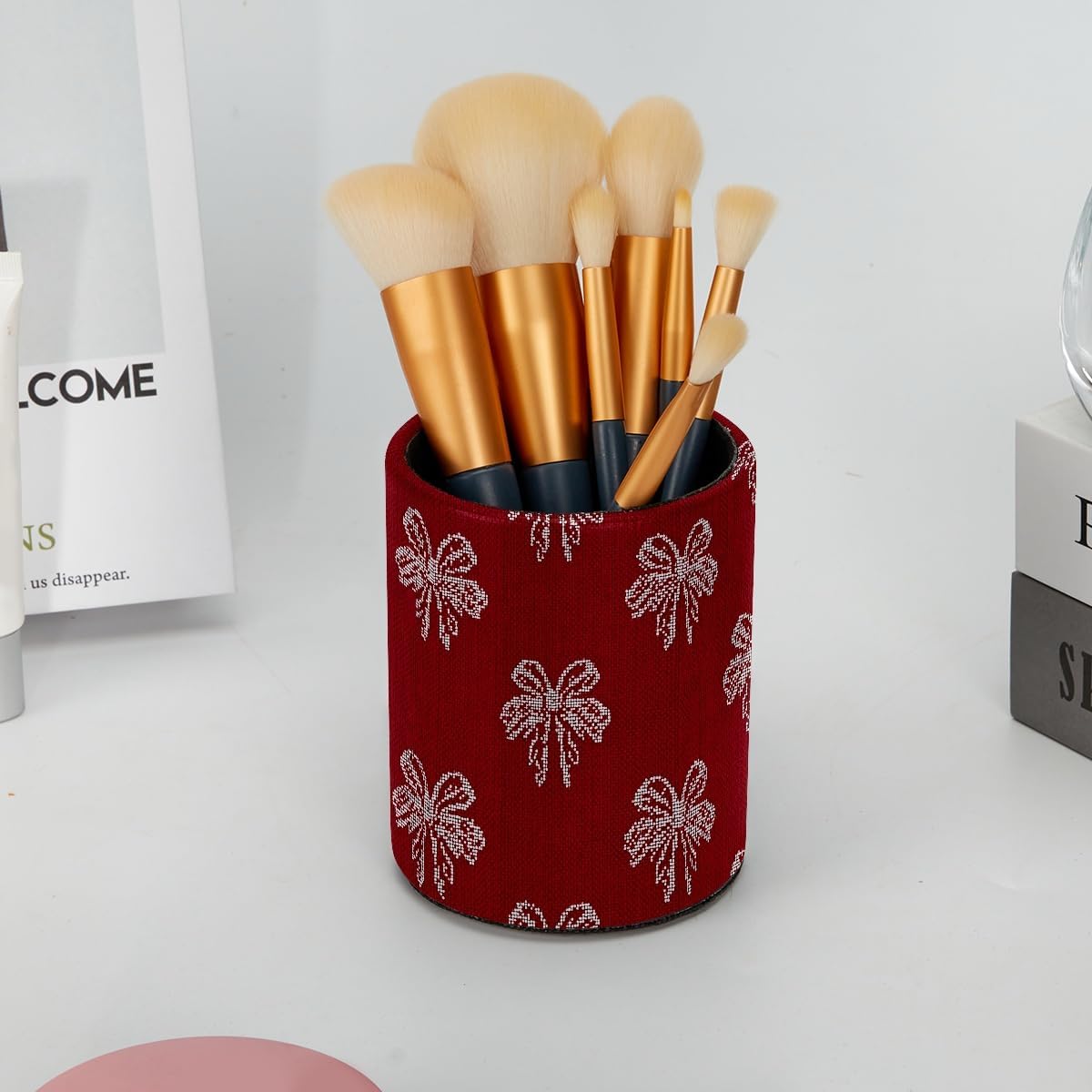 Leather Pen Holder for Desk, Love Cherry Pencil Organizer Pencil Cup Desk Decor Makeup Brush Holder Multifunctional Office Supplies for Home,Office, School