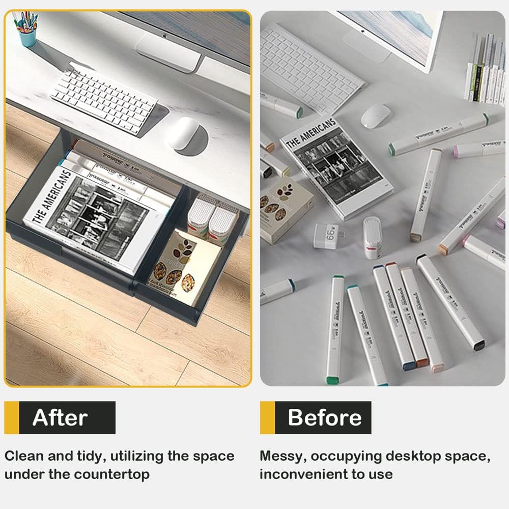 Under Desk Drawer Storage with 3 Drawers, Large Desk Drawer Attachment for office, Drawer Organizer Slide Out, Plastic Stick on Drawer White