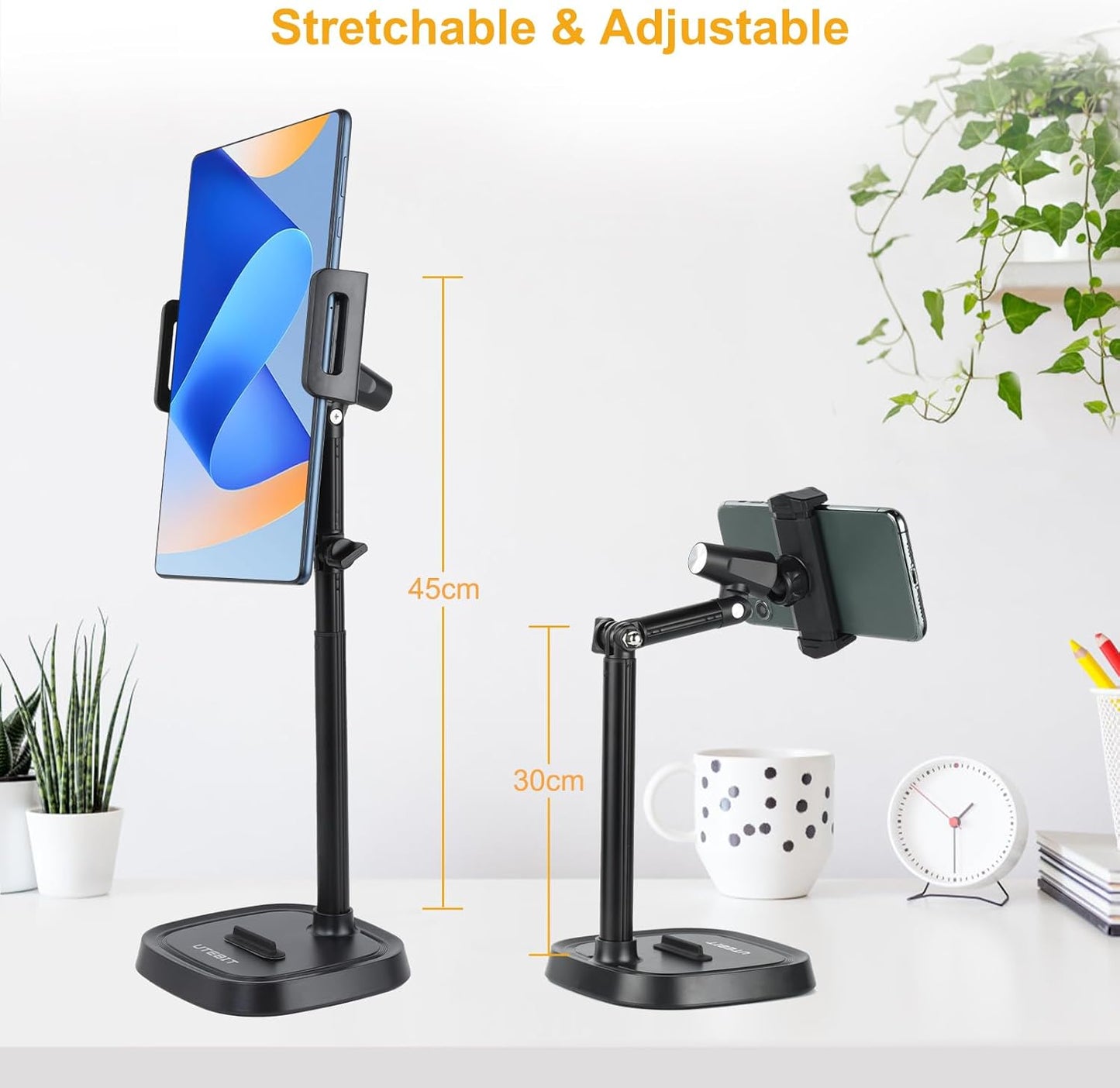 UTEBIT Adjustable Phone Stand for Desk, 11.8''-17.7''Height Adjustable Phone Holder for Desk Recording, Retractable Cell Phone Tablet Stand Holder for 5.5''-9.5''Screen iPhone 17 16 15 Pro Max Android