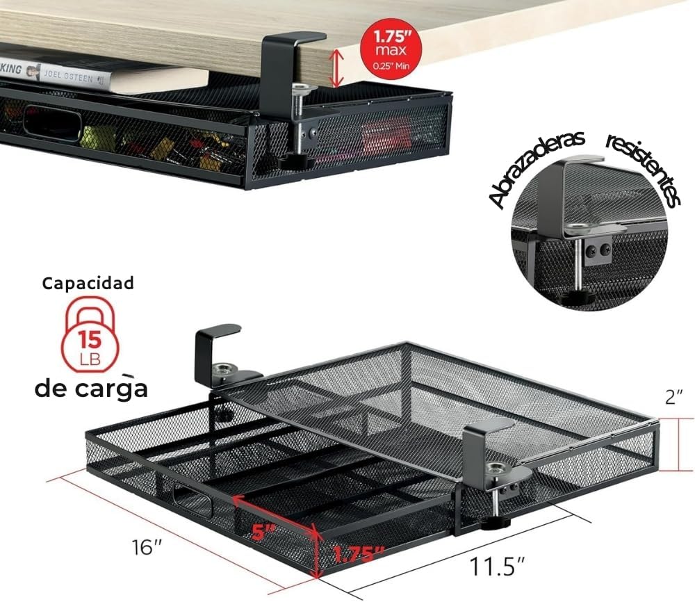 Under Desk Drawer Organizer Clamp-On, Mesh Metal Attachment, 1 Drawer Slide Out, On or Under Desk Organizer for Office Supplies & Home Essentials
