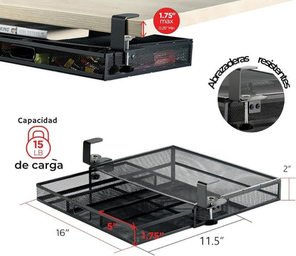 Under Desk Drawer Organizer Clamp-On, Mesh Metal Attachment, 1 Drawer Slide Out, On or Under Desk Organizer for Office Supplies & Home Essentials