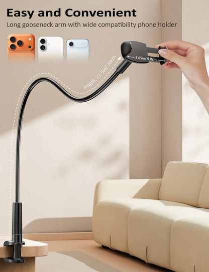 Tryone Gooseneck Phone Holder Hands-Free for Phone Viewing Or Recording, Adjustable Stable Metal Cell Stand Mount for Desk Table Bed, Soporte para Celular, Fits 4-7 Phones Including iPhone - Black