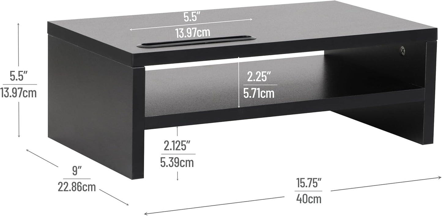 Mind Reader Monitor Stand with Phone Slot and Storage Shelf, Desktop Riser, 88 lb Capacity, MDF Wood, Black