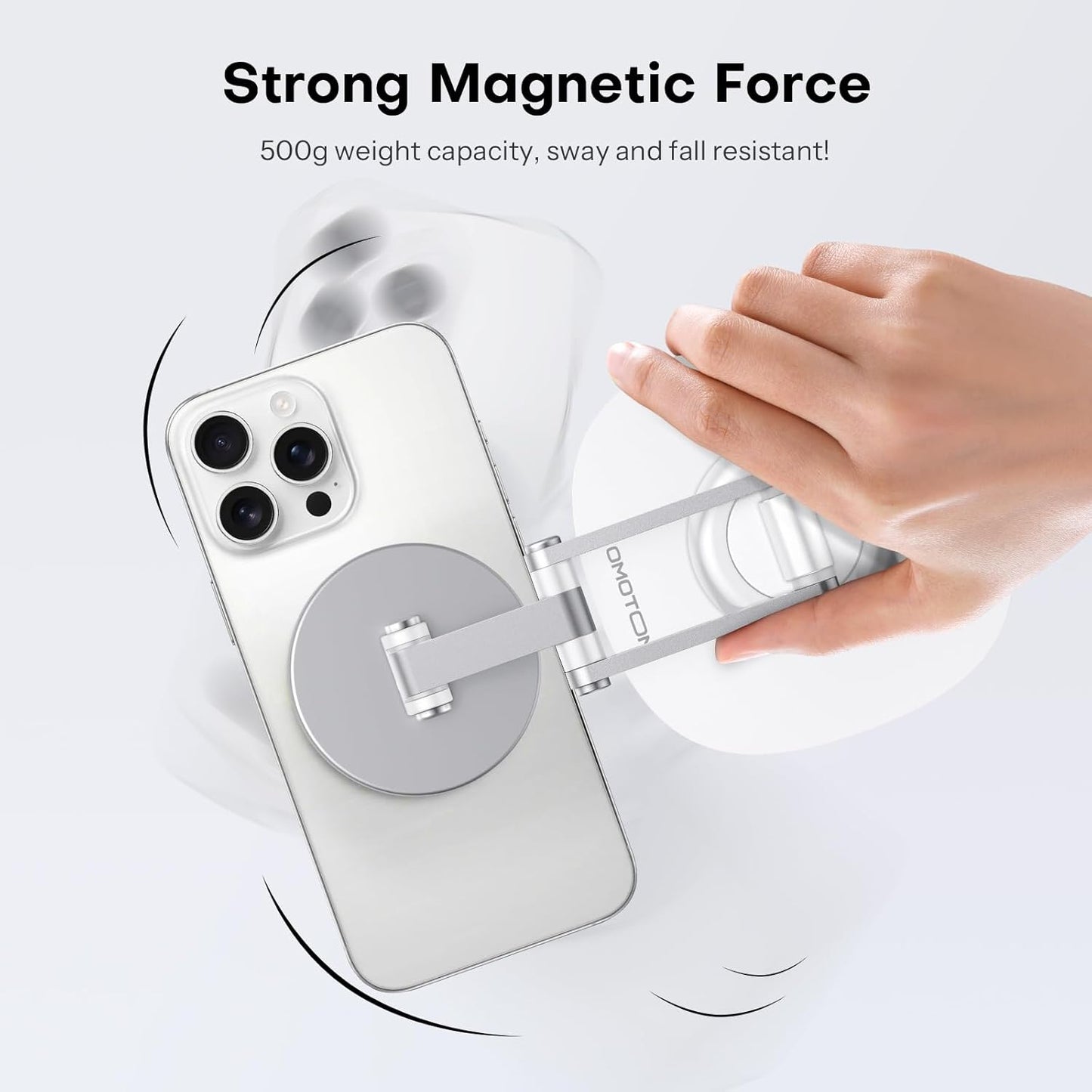 OMOTON 360°Rotating MS04 Magnetic Phone Stand for Desk, Adjustable Foldable Aluminum for MagSafe Cell Phone Stand Holder with Non-Slip Base, for iPhone 17/16/15/14 Pro Max Air, Black