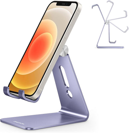 Adjustable Cell Phone Stand, OMOTON Aluminum Desktop Cellphone Stand with Anti-Slip Base and Convenient Charging Port, Fits All Smart Phones, Silver