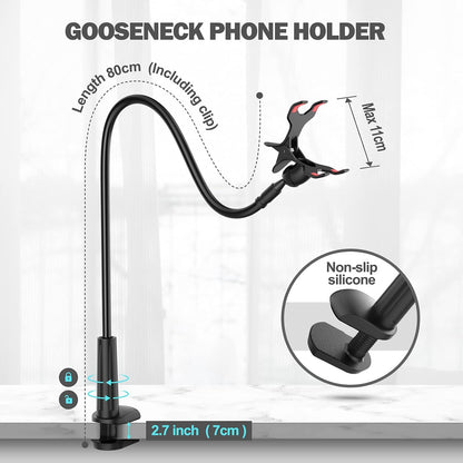 Gooseneck Phone Holder for Bed, Flexible Lazy Arm Cell Phone Holder 360 Adjustable Clamp Bracket Mount Desk for iPhone 14 Pro Max Plus 13 12 Pro Max Mini 11 Pro Xs XR X 8 Samsung S22 S21 Phones