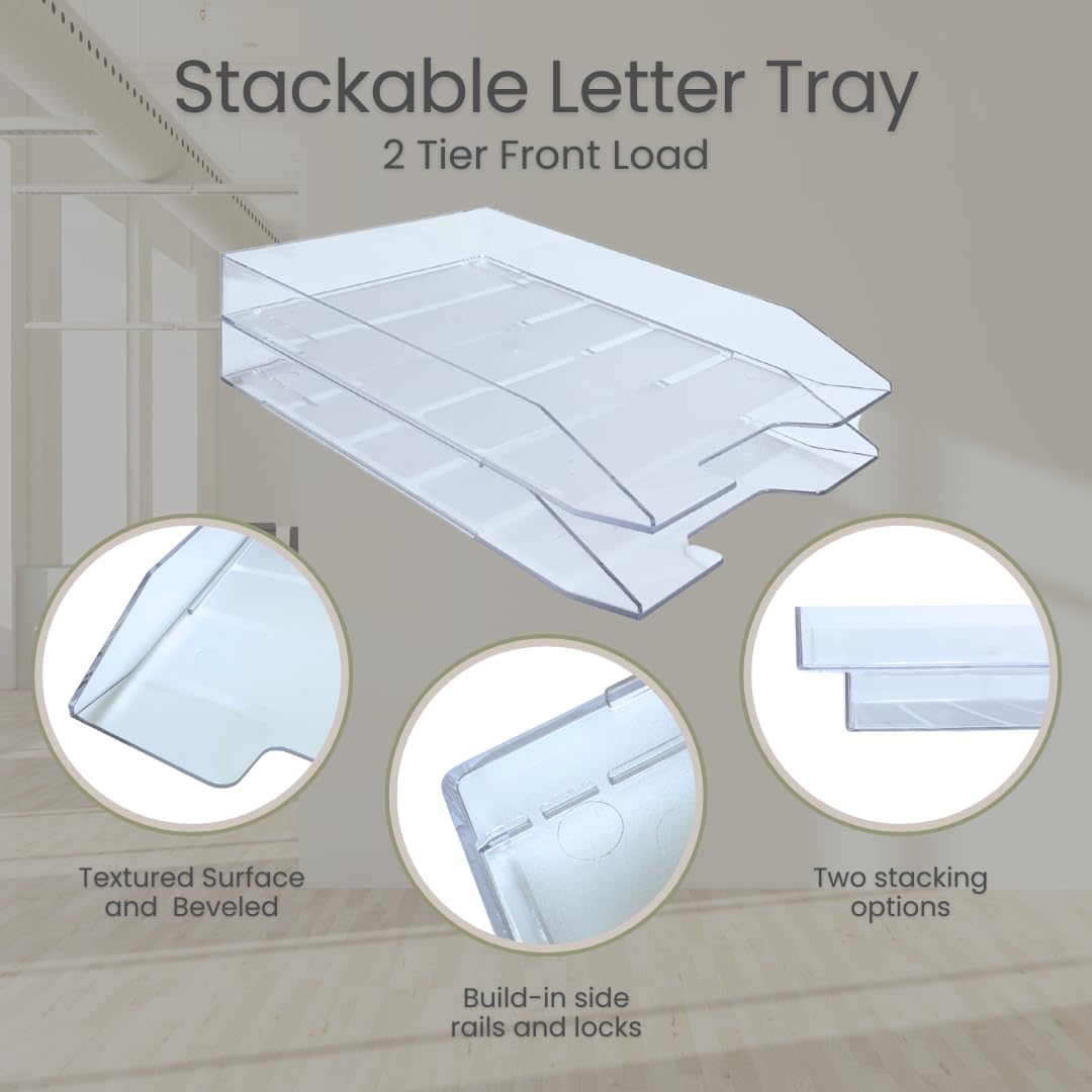 Acrimet 2 Tier Paper Organizer Letter Tray - Plastic Stackable Desk File Organizer, Front Load Paper Sorter Organizer for Letter/A4 Office File Folder Holder - Clear Crystal