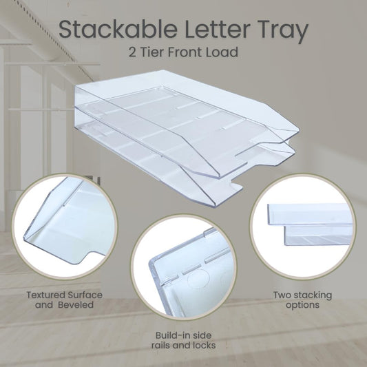 Acrimet 2 Tier Paper Organizer Letter Tray - Plastic Stackable Desk File Organizer, Front Load Paper Sorter Organizer for Letter/A4 Office File Folder Holder - Clear Crystal
