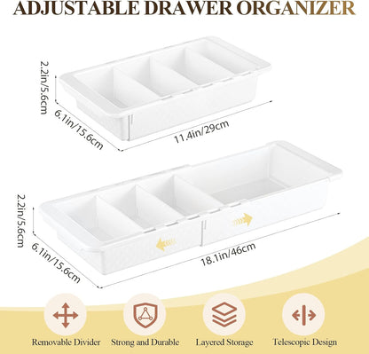 3 Pcs Expandable Drawer Organizer Bins Adjustable Deep Drawer Hanging Organizer Tray Expandable 11.4 to 18.1 Inches Plastic Dividers Storage for Office Bathroom Bedroom Kitchen Desk, White