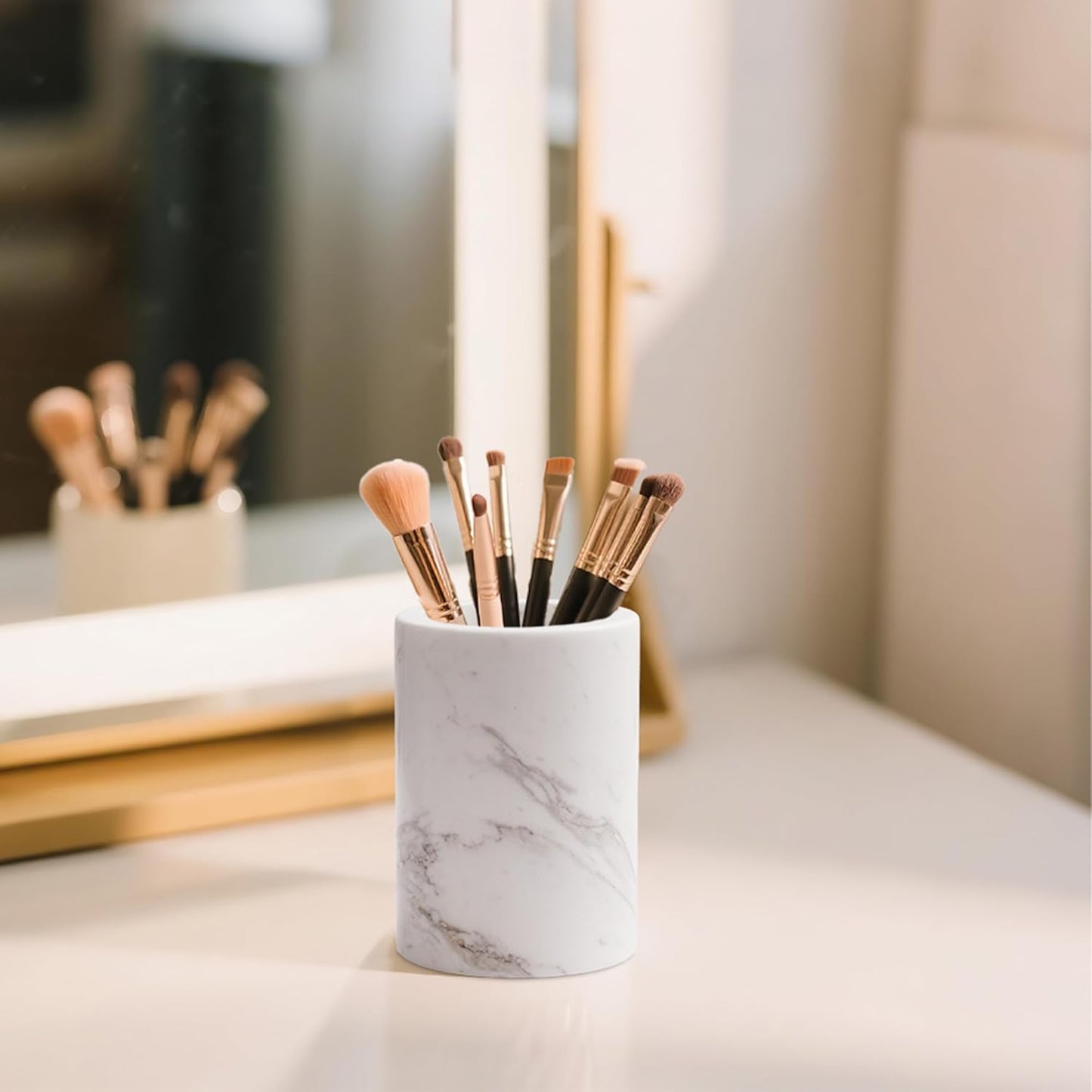 WORHE Pen Holder Stand Italy Natural Premium True Marble Makeup Brush Holders, Tableware Organizer Desk Pencil Cup for Home Office School Decor Dark Grey (DL012)