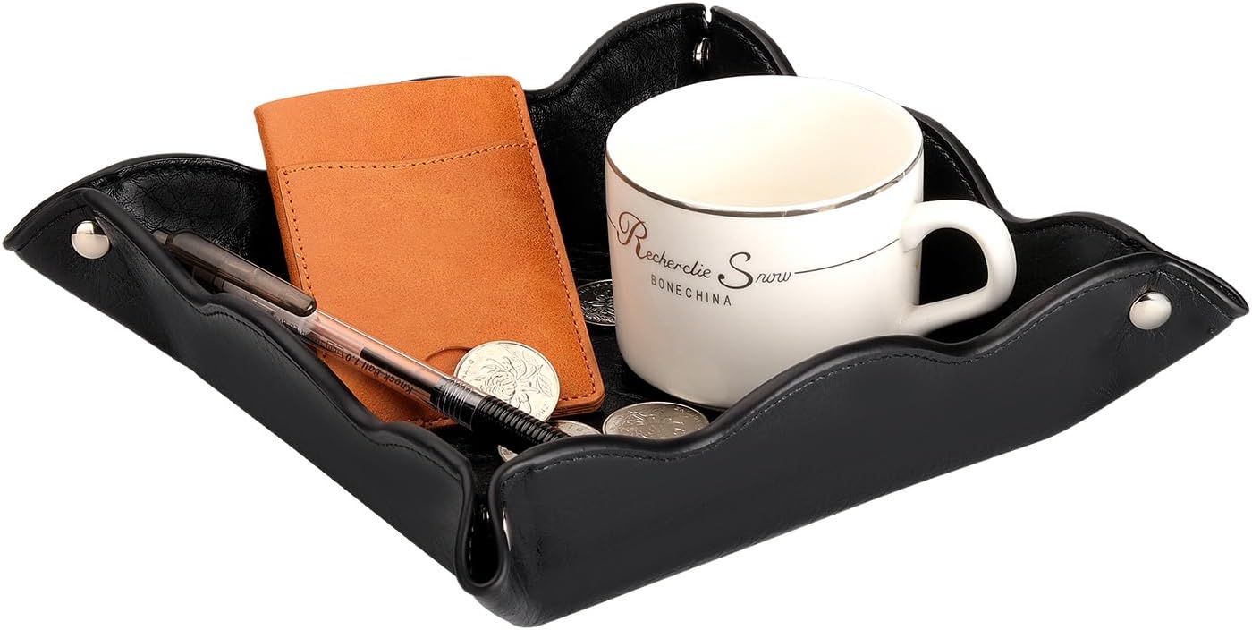 Valet Tray for Men Women - PU Leather Travel Catchall Tray Organizer - Desk Bedside Nightstand Storage Box for Jewelry Key Phone Remote Controller Wallet Watch Glasses Coin Readers -White