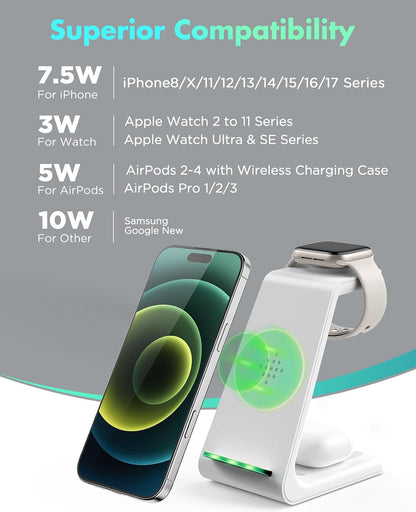 3 in 1 Wireless Charging Station, 2026 Upgraded Fast Desk Charger Station for iPhone 17 16 15 14 13 12 Pro Max Plus, Charger Stand for Apple Watch 10 9 8 7 6 5 4 3 2 SE, Airpods 4 3 2 Pro(Black)