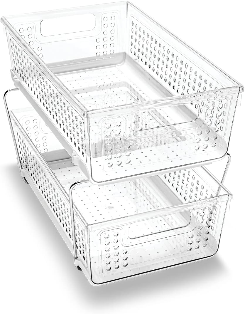 madesmart Two-Tier Bathroom Cabinet Organizer, Sliding Drawer Storage for Bottles, Sponges & Cleaning Supplies, Blue