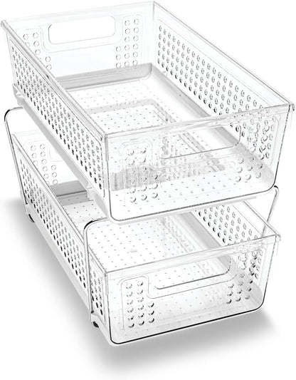 madesmart Two-Tier Bathroom Cabinet Organizer, Sliding Drawer Storage for Bottles, Sponges & Cleaning Supplies, Blue