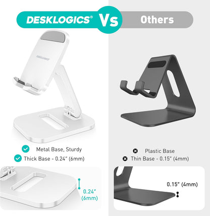 Cell Phone Stand for Desk, Foldable & Adjustable Aluminum Phone Holder Dock - Portable Travel Case Friendly Desktop Cradle for iPhone 17 16 Pro Max Plus Air, Samsung S25 S24, Kindle（White）