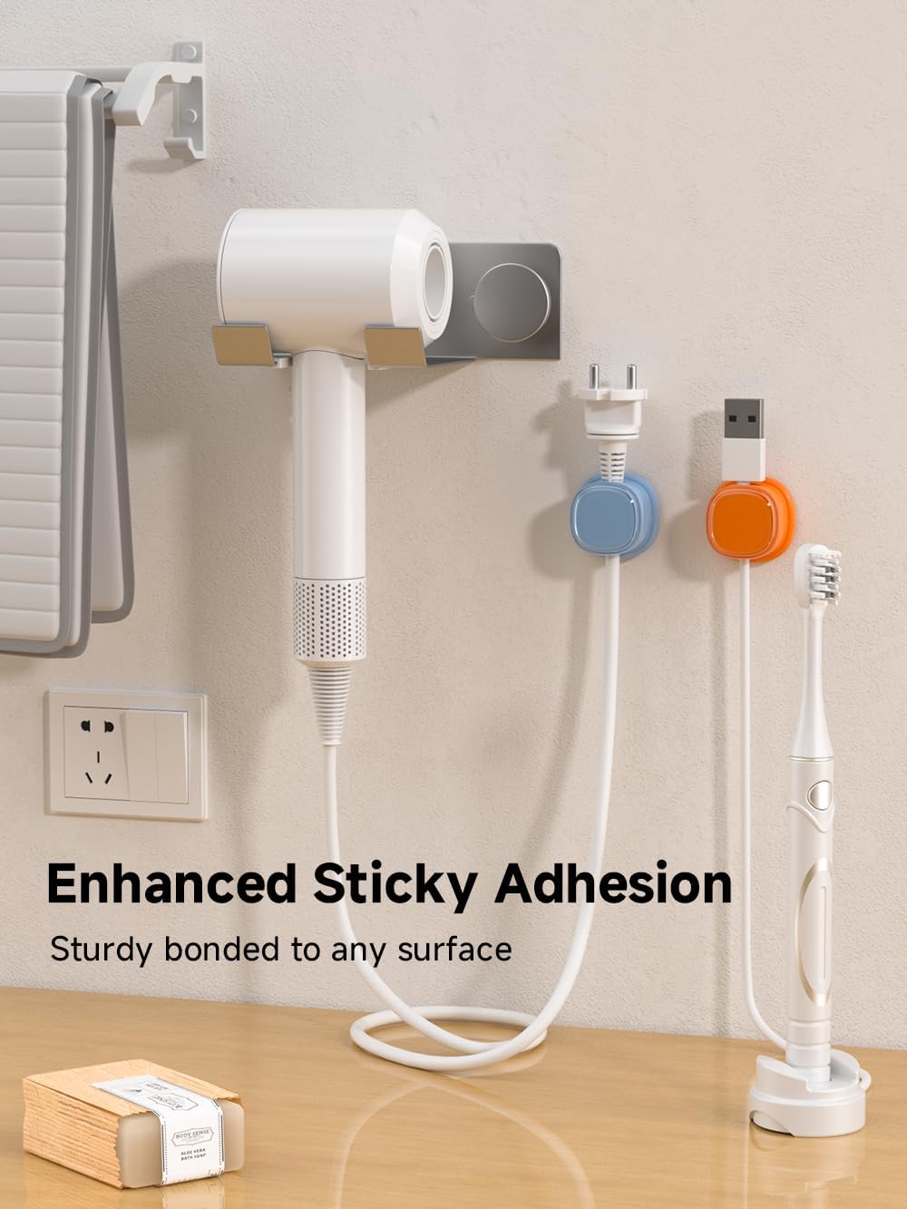 9 Pack Cord Organizer, Spring Cable Management, Adhesive Cute Cable Holder Clips, Phone Charger Wire Keeper for Desk Nightstand Car Office (9-Pack White_Orange_Blue)