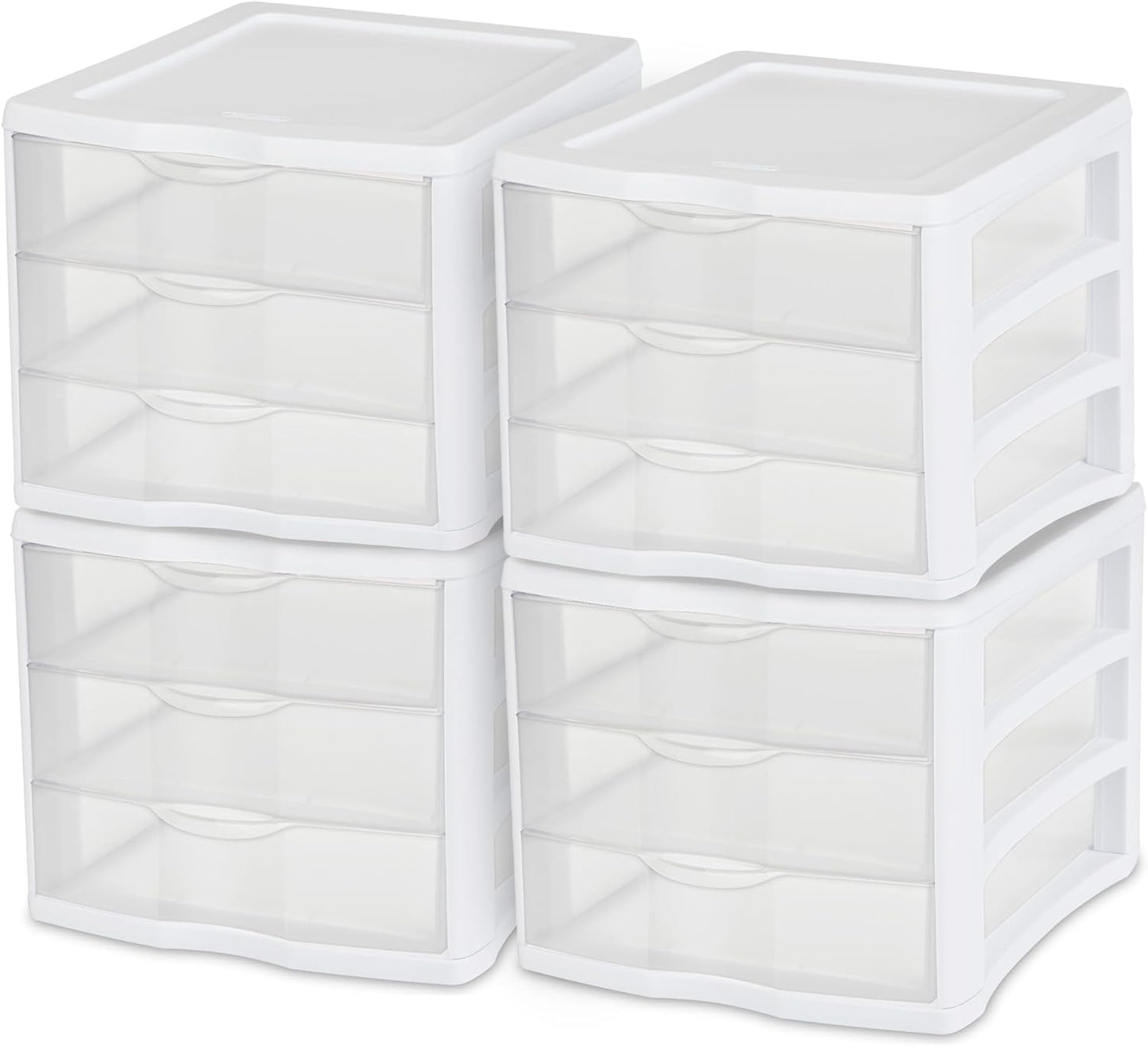 Sterilite 4-Pack 3 Drawer Unit, Stackable Plastic Organizer with Drawers, White Frame - Multi-Purpose Countertop Storage Containers for Office Supplies, Craft Rooms, Classrooms and Home Organization