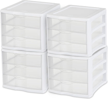 Sterilite 4-Pack 3 Drawer Unit, Stackable Plastic Organizer with Drawers, White Frame - Multi-Purpose Countertop Storage Containers for Office Supplies, Craft Rooms, Classrooms and Home Organization