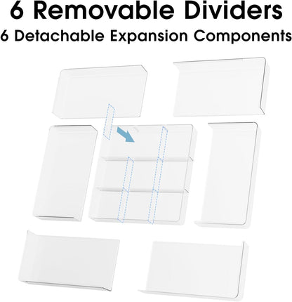 MIUOPUR Expandable Drawer Organizer, Width (10.6"-20.1") Depth (11"-20.1"), Clear Makeup Drawer Organizer with 6 Removable Dividers, Silverware Organizer, Great for kitchen and Bathroom Drawers