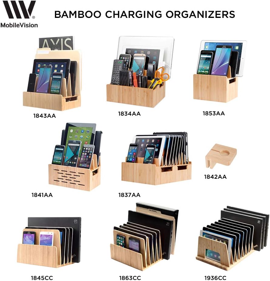MobileVision Bamboo Charging Station & Multi Device Organizer Slim Version for Smartphones, Tablets, and Laptops