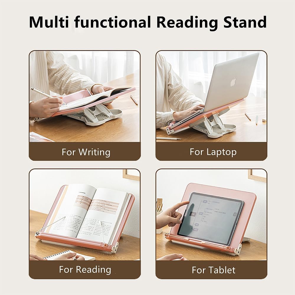 Book Stand for Reading Angle Adjustable Book Holder Tray for School Kids Students Foldable Cookbook Stand Desk Reading Stand with Page Paper Clips for Textbooks Recipe Magazine Laptop Tablet