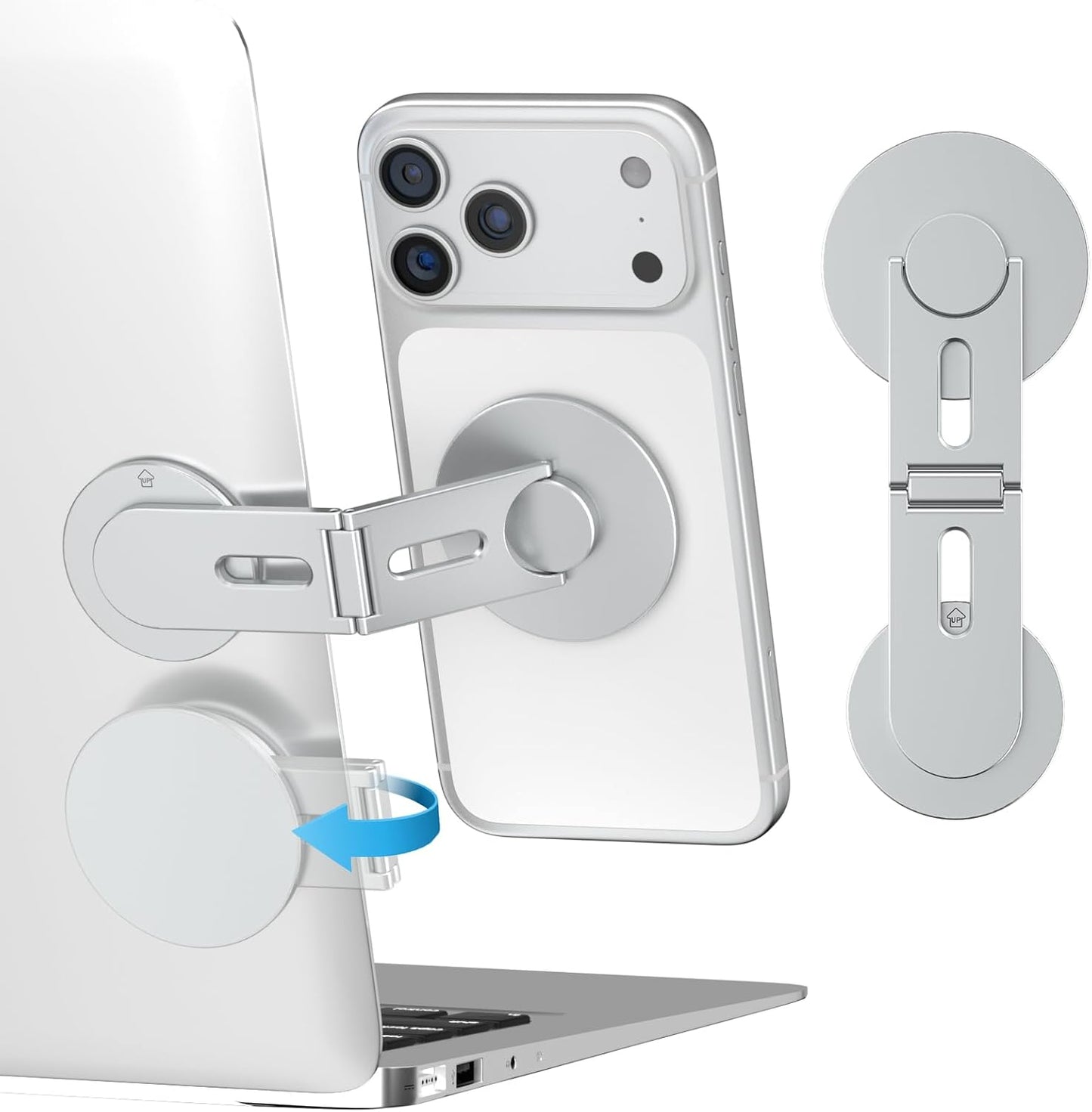 CloudValley Magnetic Phone Laptop Holder Mount, Foldable Hidden Portable Stand for iPhone 17/16/15/14/13 & All Phone, Clamp for Monitor Side, Compatible with Laptop, Desktop, Tesla Model 3/ Y, Silver