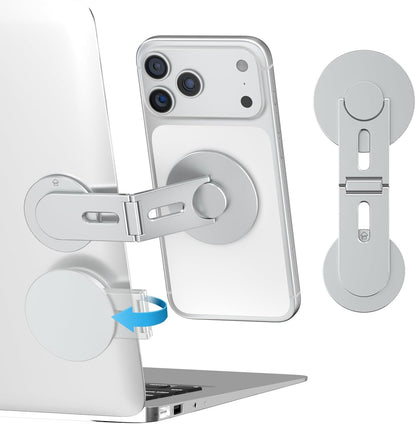 CloudValley Magnetic Phone Laptop Holder Mount, Foldable Hidden Portable Stand for iPhone 17/16/15/14/13 & All Phone, Clamp for Monitor Side, Compatible with Laptop, Desktop, Tesla Model 3/ Y, Silver