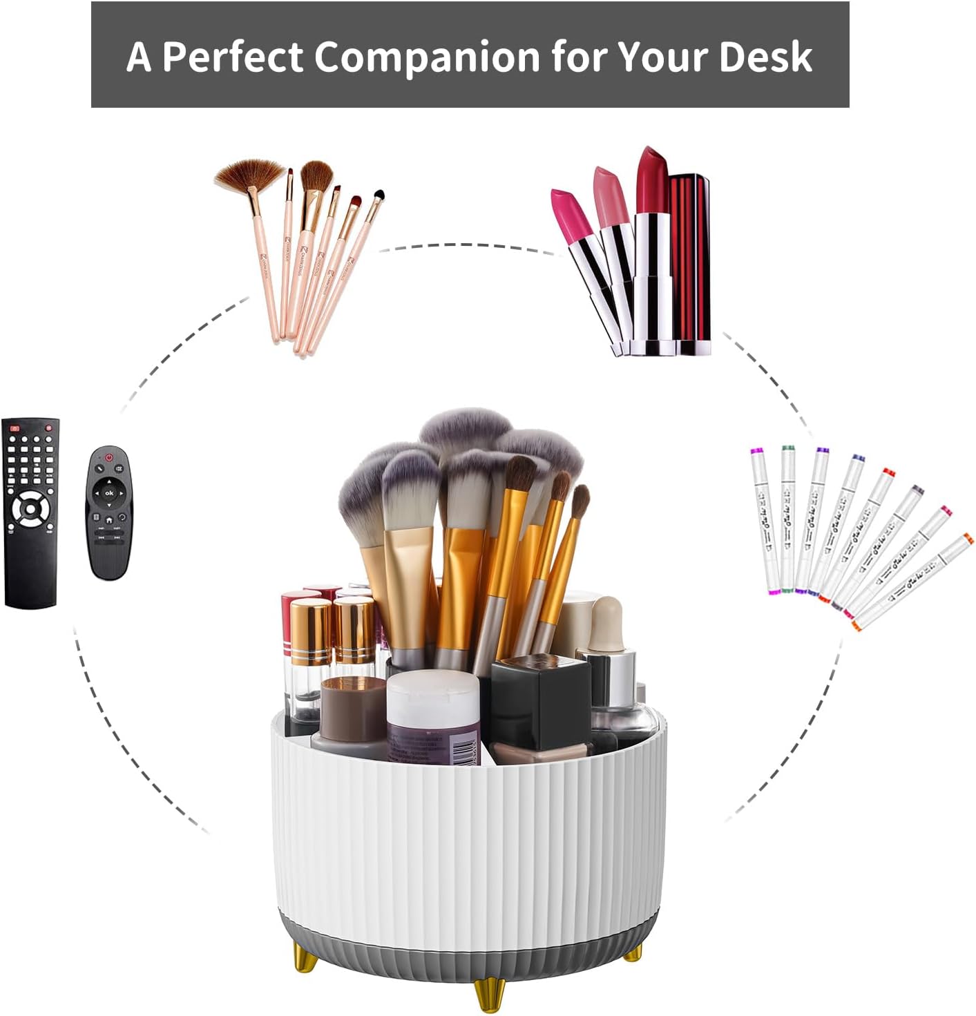 Marbrasse Desk Organizer, 360-Degree Rotating Pen Holder, Desk Organizers and Accessories with 5 Compartments Pencil Holder, Art Supply Storage Box Caddy for Office, Home（White）