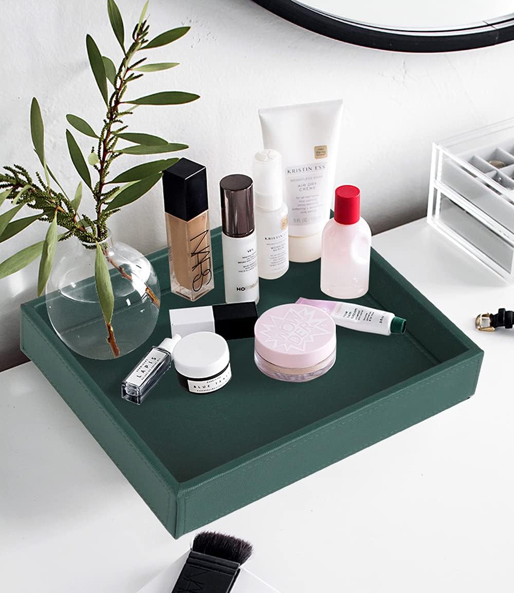 HofferRuffer Faux Leather Vanity Tray, Elegant Desktop Storage Organizer, Decorative Catchall for Perfume, Bathroom Valet, Nightstand or Dresser, Black, 10.2 x 8.4 x 1.8 Inches
