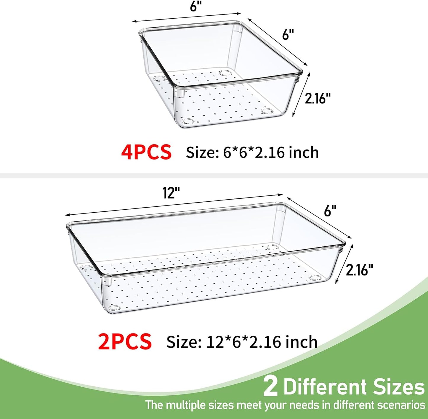 6 Pack Drawer Organizers, Plastic Clear Acrylic Non Slip Non Cracking kitchen drawer organizer Stackable Bathroom Drawer Organizer Trays, Storage Bins for Makeup, Bathroom, Kitchen Office