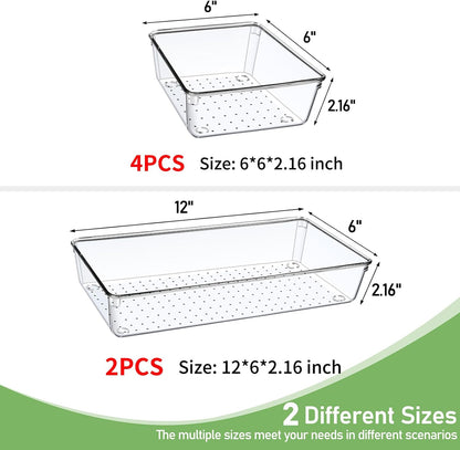 6 Pack Drawer Organizers, Plastic Clear Acrylic Non Slip Non Cracking kitchen drawer organizer Stackable Bathroom Drawer Organizer Trays, Storage Bins for Makeup, Bathroom, Kitchen Office