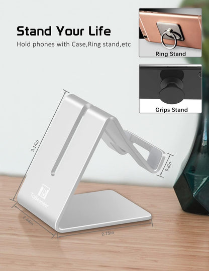 Desktop Cell Phone Stand Holder, Aluminum Solid Portable Universal Desk Stand for iPhone 16 15 14 13 12 11 X 8 7 6 Plus 5 Ipad 2 3 4 Mini Samsung Huawei All Mobile Smart Phone, Silver