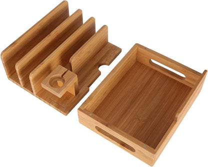 Bamboo Wood Multi-Device Desktop Dock Station Charger Holder Charging Cradle Charge Stand Compatible for iPhone 16 15 14 13 12 11 Pro Max XS XR X iPad 3 4 Mini Pro Air Samsung Huawei Smartphones