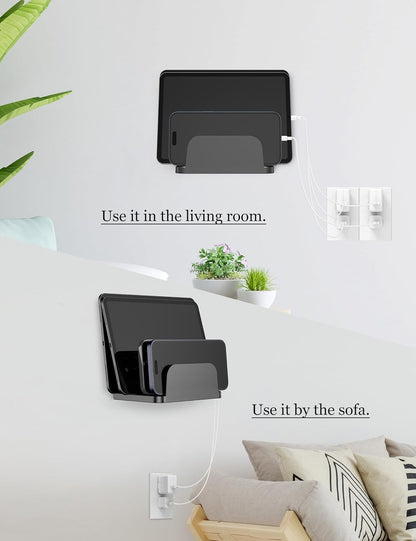 Wall Mount Phone Holder for Smartphones and Tablets, Phone Shelf with 4-Slot Docking Station Compatible with Tablet, ipad, Kindle Wall Charging Organizer (Black)