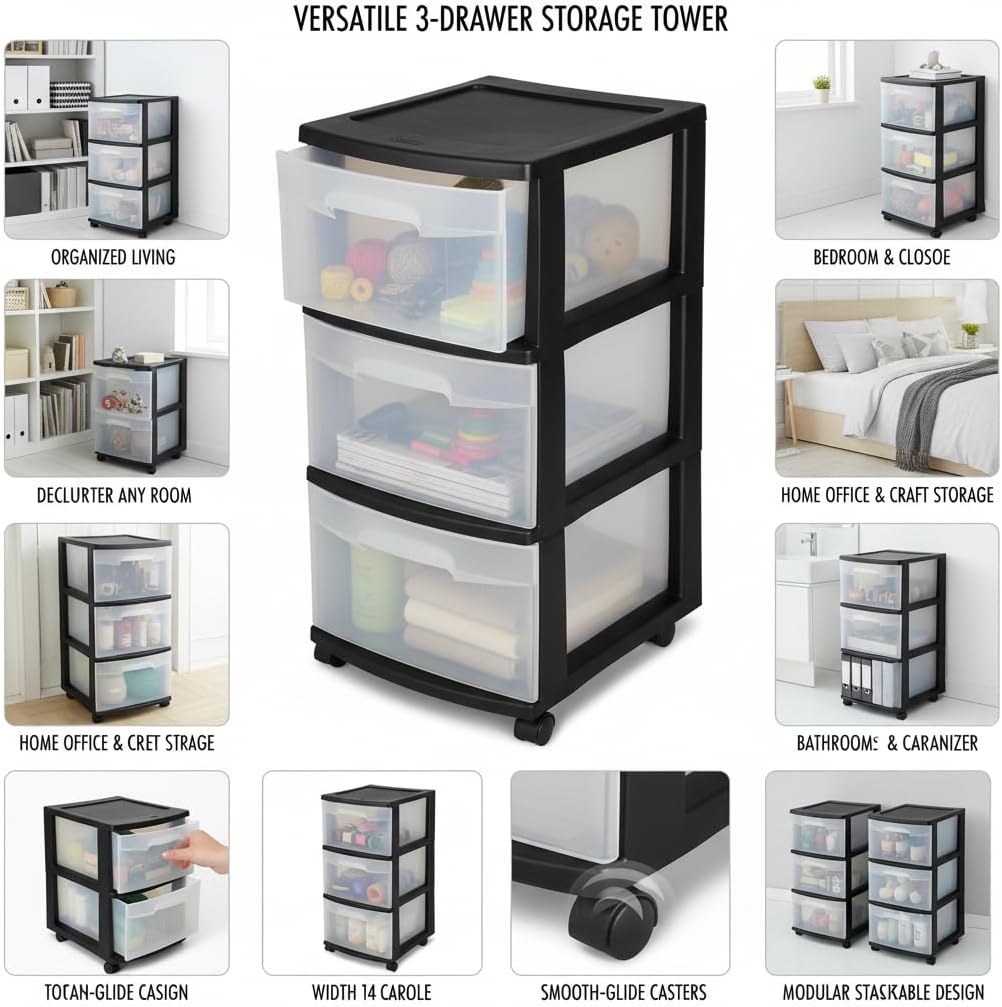 3-Drawer Storage Tower with Removable Clear Plastic Bins, Tool-Free Assembly, Multiple Sizes for Home Office (15.7"W)