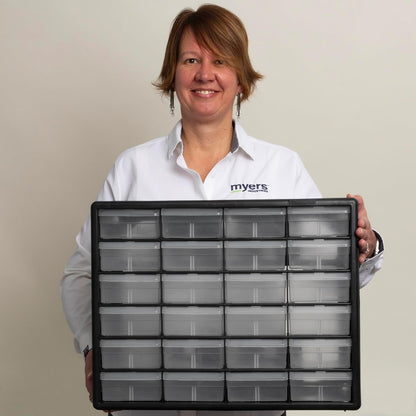 Akro-Mils 24-Drawer Plastic Drawer Storage Cabinet for Garage Organization, Bead Organizer, Building Bricks Storage, Teacher Toolbox, Makeup Organizer, 20" W x 6" D x 16" H, 10124 Black