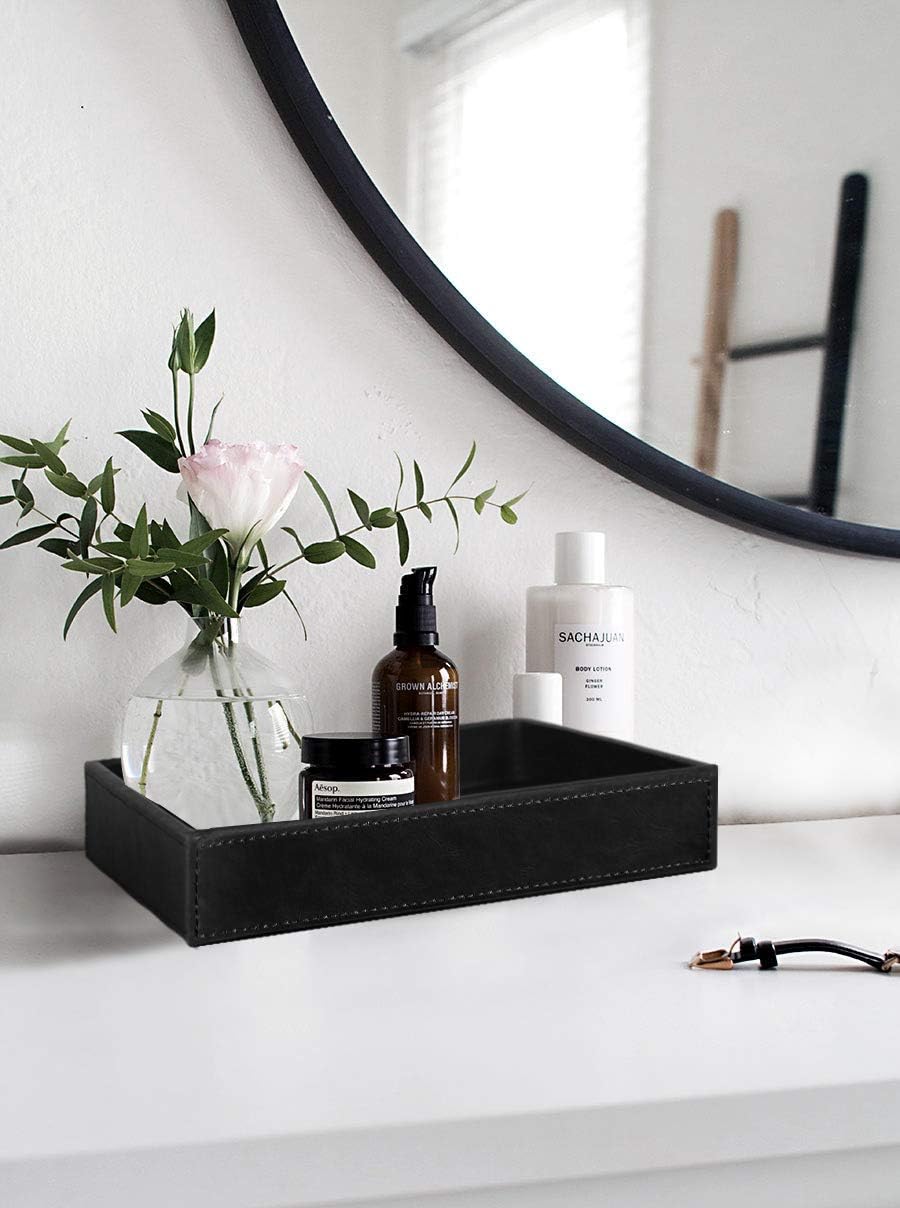 HofferRuffer Faux Leather Vanity Tray, Elegant Desktop Storage Organizer, Decorative Catchall for Perfume, Bathroom Valet, Nightstand or Dresser, Black, 10.2 x 8.4 x 1.8 Inches