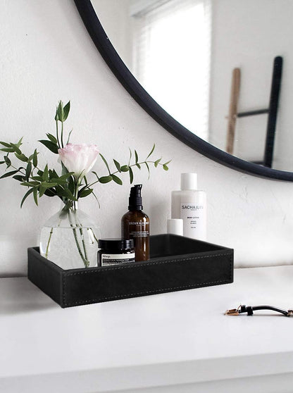HofferRuffer Faux Leather Vanity Tray, Elegant Desktop Storage Organizer, Decorative Catchall for Perfume, Bathroom Valet, Nightstand or Dresser, Black, 10.2 x 8.4 x 1.8 Inches