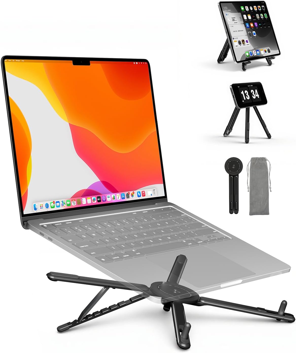 SupeDesk Adjustable Laptop Stand, 3-in-1 Magnetic Foldable Stand for Laptop, Tablet & Phone, Portable Aluminum Laptop Riser with Multi-Angle Support for Desk, Home & Travel, Black