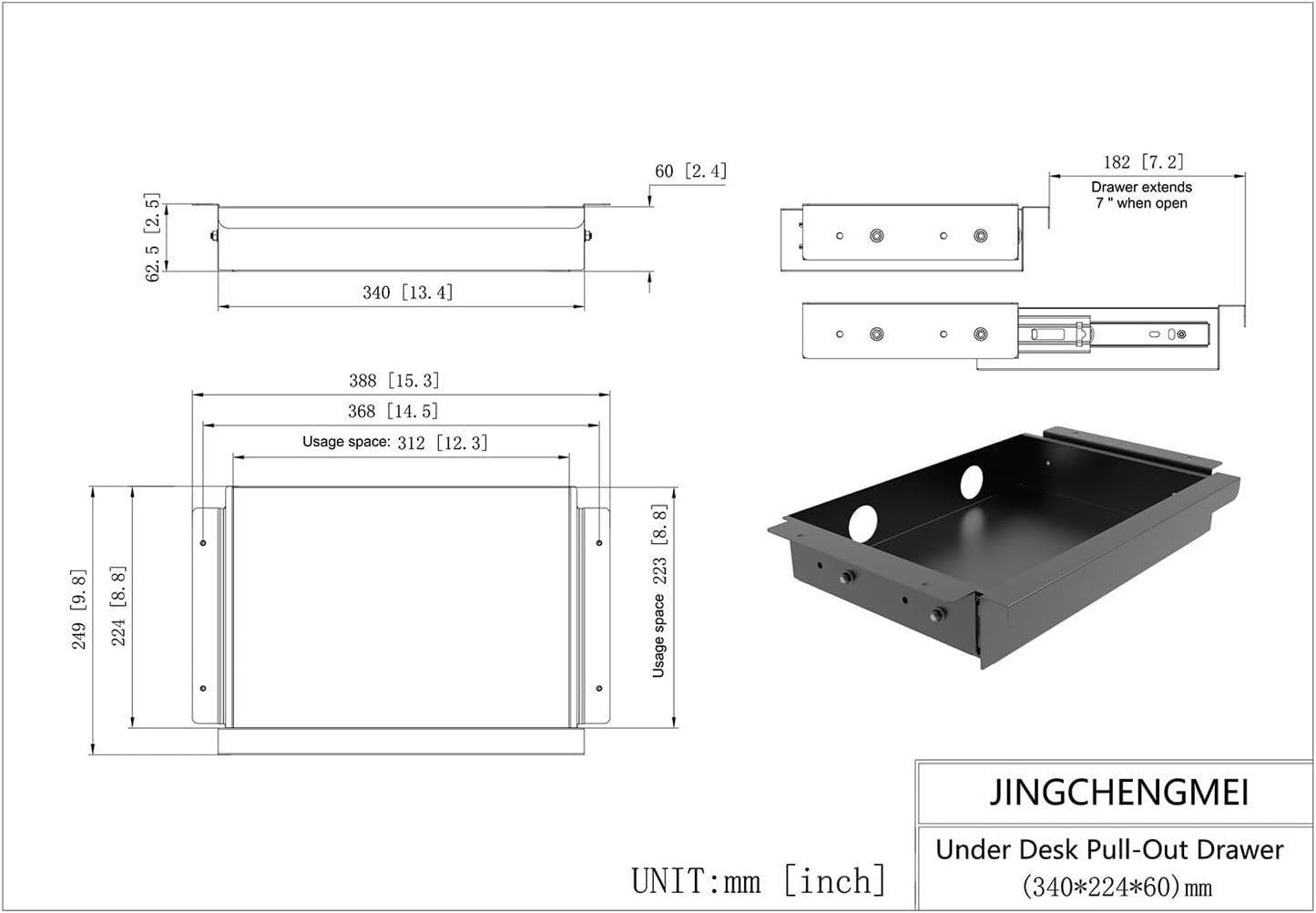 Under Desk Mounted Sliding Pull-Out Drawer for Office Desk W 19.2" x D 13.4" Storage Organizer for Sit Stand Workstation, Metal, Black (Large)