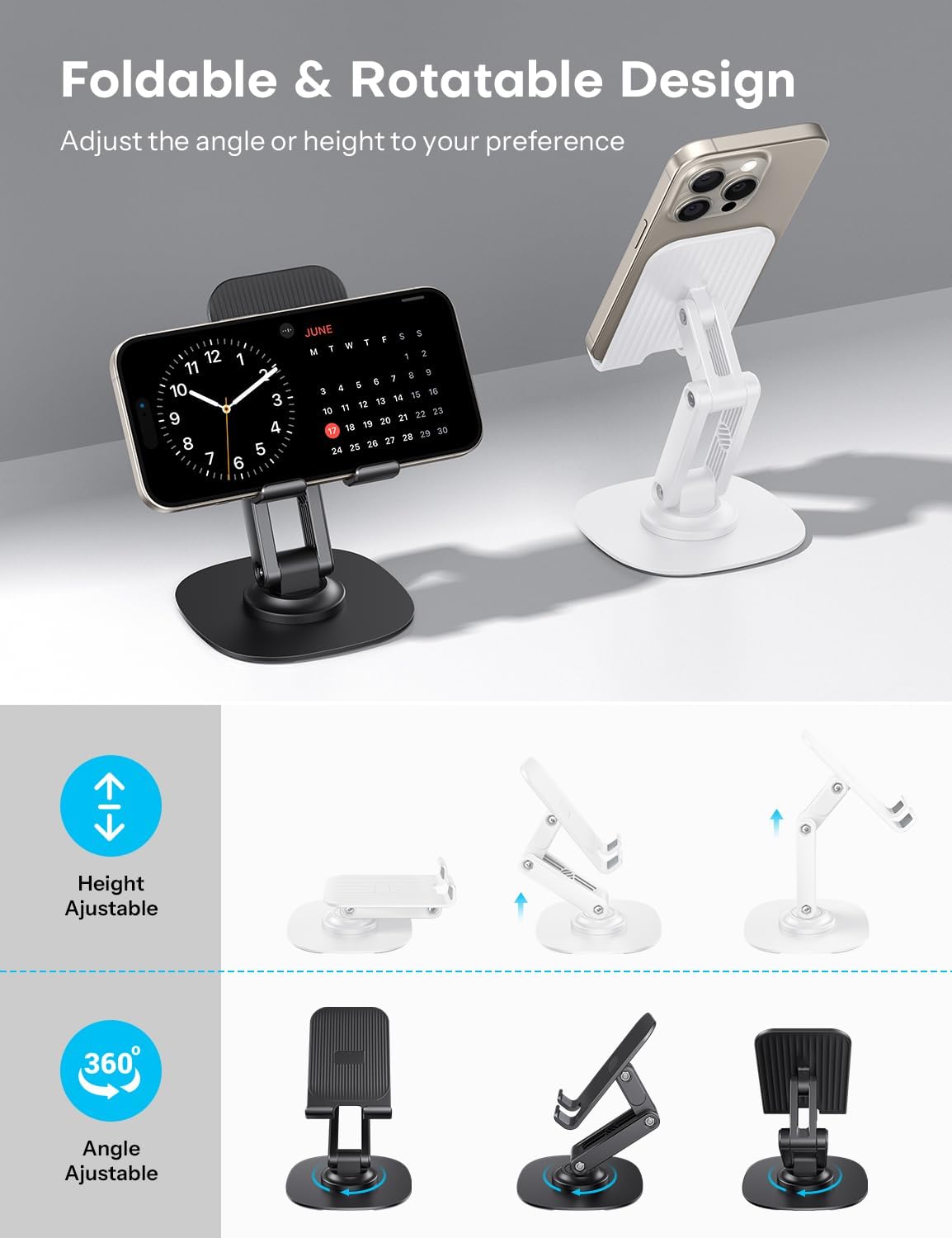 OMOTON Cell Phone Stand for Desk, 2 Pack Adjustable Foldable Phone Holder, 360 Swivel Mobile Stand Fit for iPhone 17 16 15 14 13 Pro Max and All Smart Phones, Black & White