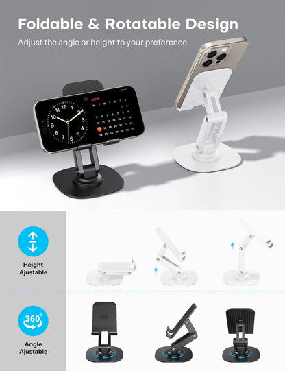 OMOTON Cell Phone Stand for Desk, 2 Pack Adjustable Foldable Phone Holder, 360 Swivel Mobile Stand Fit for iPhone 17 16 15 14 13 Pro Max and All Smart Phones, Black & White