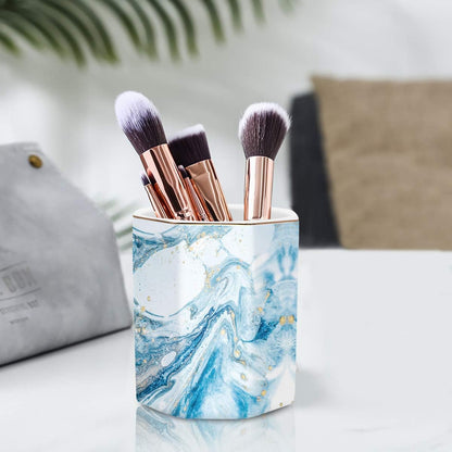 WAVEYU Ceramic Pen Holder for Desk Cute, Pencil Cup Pot Desk Organizer, Makeup Brush Holder for Women, Men, Kids, Desk Marble Decor for Office, Classroom, Home, Gray Golden