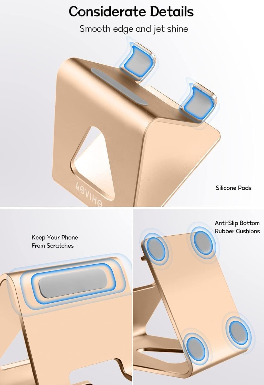 Aoviho Desk Cell Phone Stand Phone Holder, Aluminum Phone Cradle Dock for iPhone17 16 15 14 13 12 pro Mini 11 X Xs max 8 7 6 6s Plus SE Samsung All Smart Phones, Rose Gold