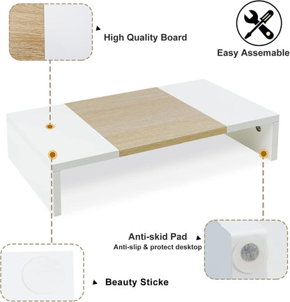 TEAMIX 20 inch White Monitor Stand Riser, Wood Desktop Stand for PC/TV/Laptop/Printer, White Monitor Riser with Storage, Computer Stand with Keyboard Organizer